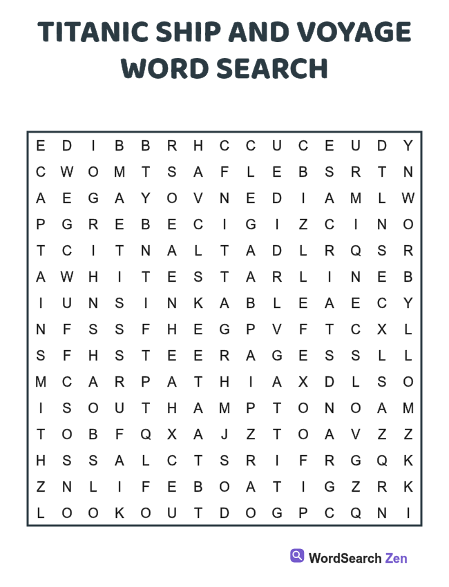Titanic Ship and Voyage Word Search printable puzzle sheet, 15 hidden words