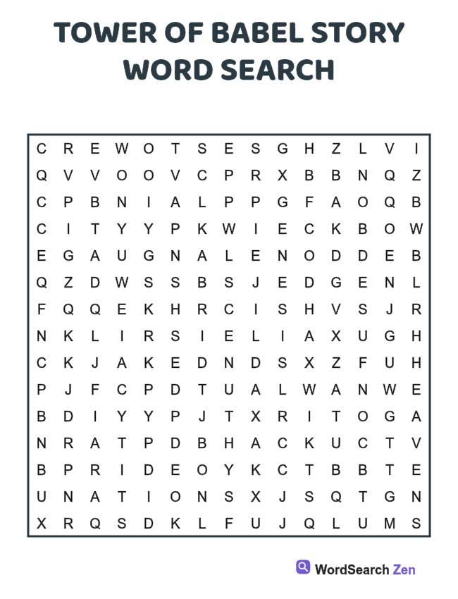 Tower of Babel Story Word Search printable puzzle sheet, 15 hidden words