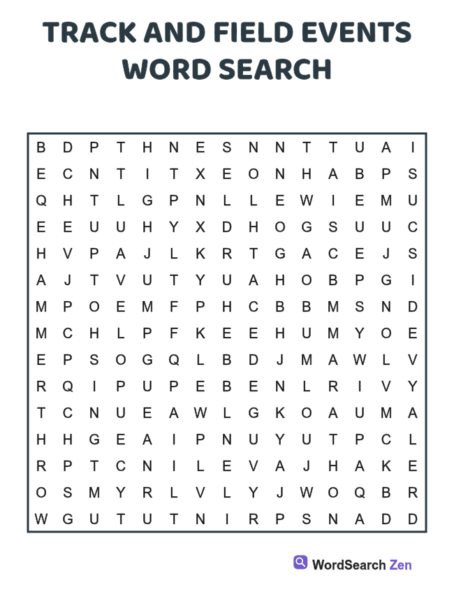 Track and Field Events Word Search printable puzzle sheet, 15 hidden words