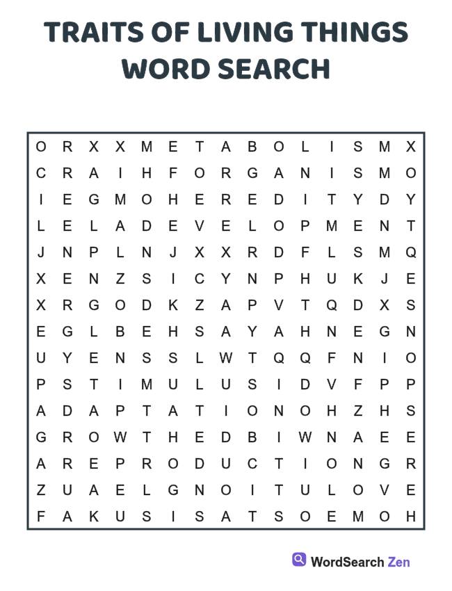 Traits of Living Things Word Search printable puzzle sheet