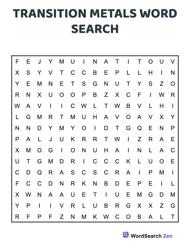 Transition Metals Word Search