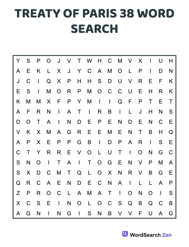 Treaty Of Paris 38 Word Search