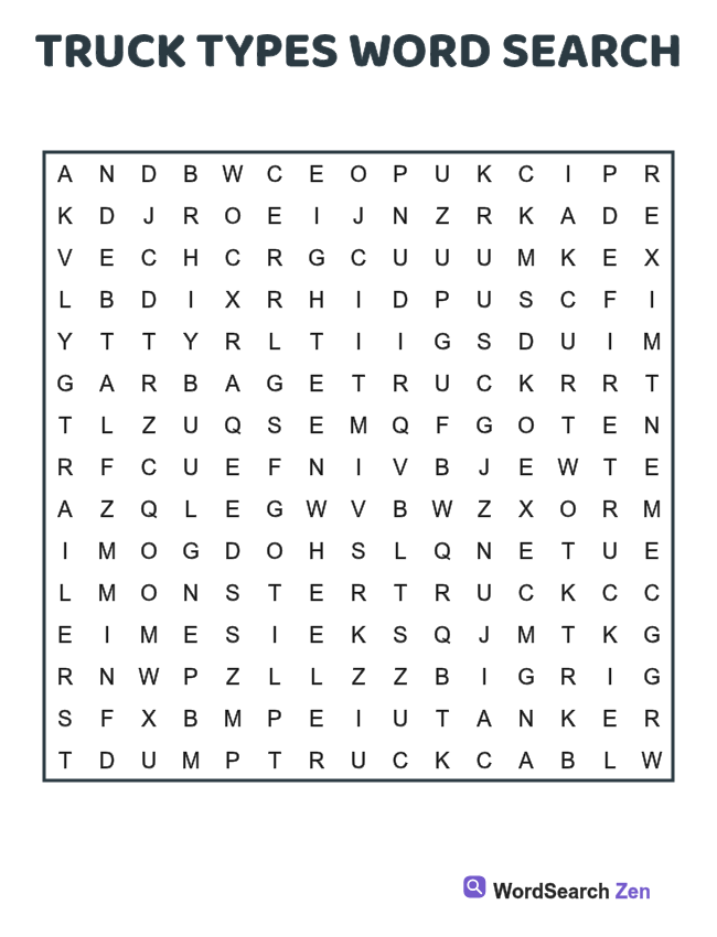 Truck Types Word Search printable puzzle sheet, 15 hidden words