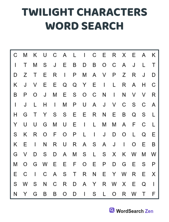 Twilight Characters Word Search printable puzzle sheet, 15 hidden words
