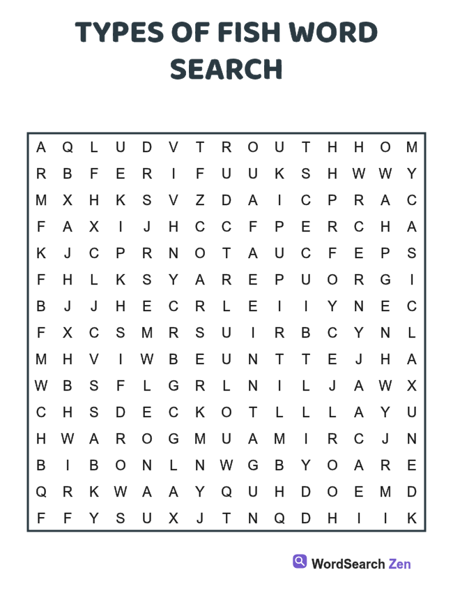 Types of Fish Word Search printable puzzle sheet