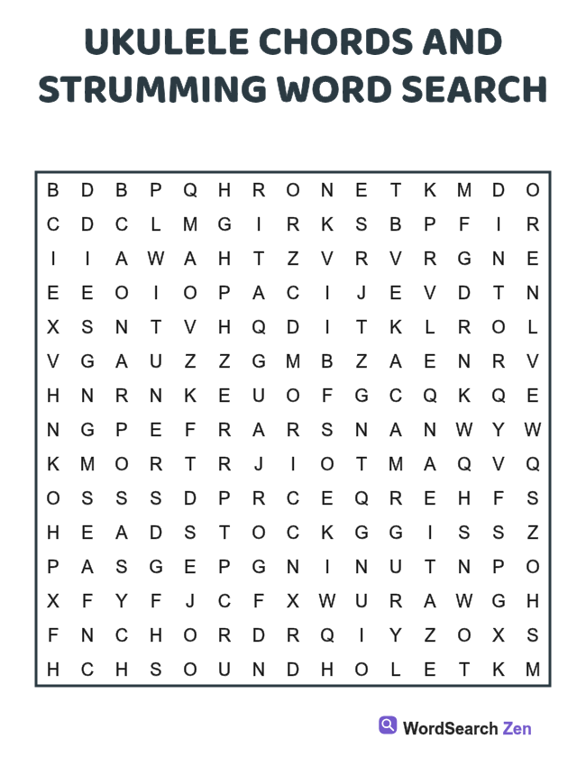 Ukulele Chords and Strumming Word Search printable puzzle sheet, 15 hidden words