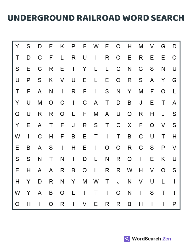 Underground Railroad Word Search printable puzzle sheet