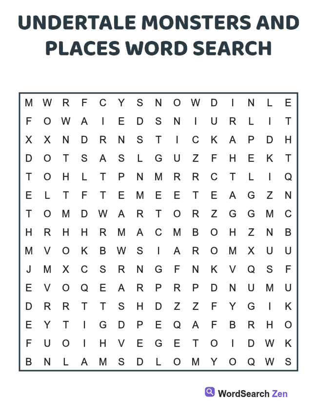 Undertale Monsters and Places Word Search printable puzzle sheet