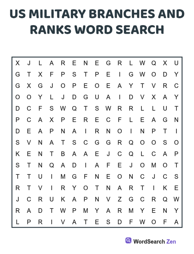 US Military Branches and Ranks Word Search printable puzzle sheet, 15 hidden words