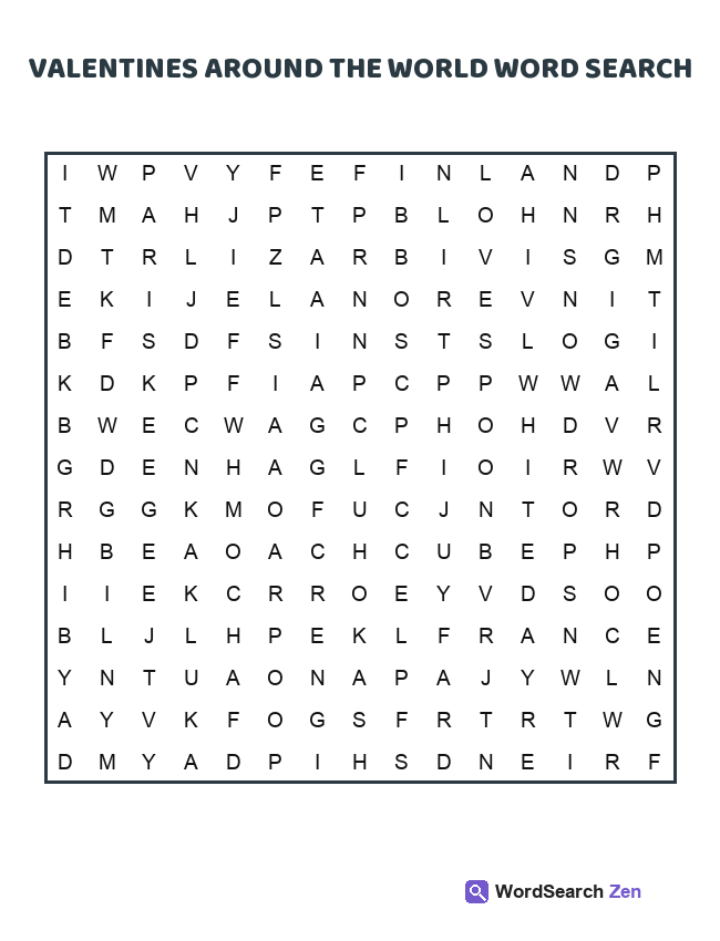 Valentines Around The World Word Search printable puzzle sheet