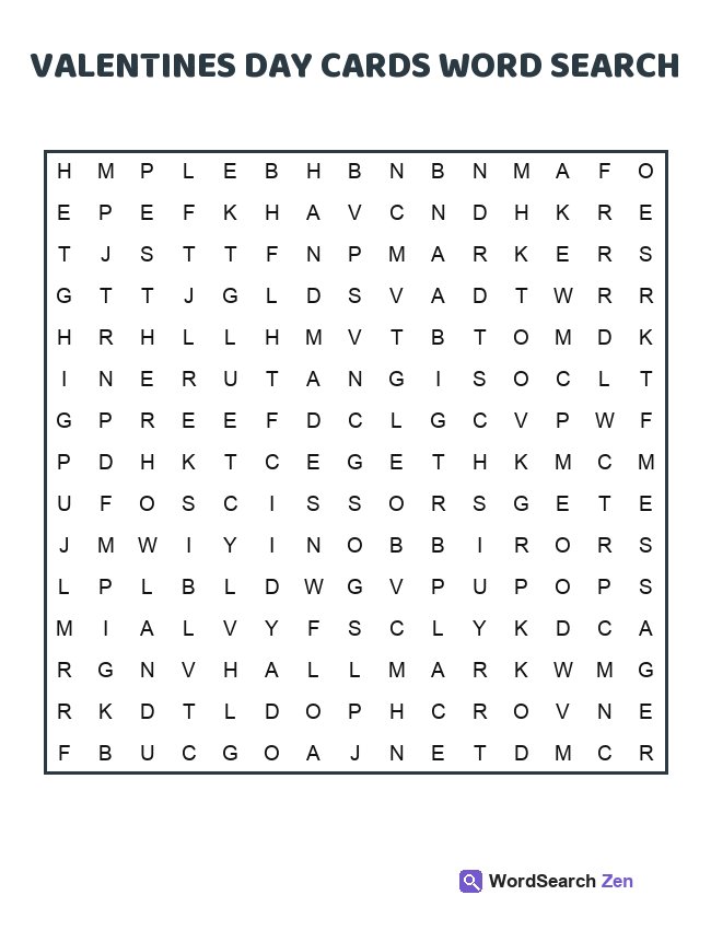 Valentines Day Cards Word Search printable puzzle sheet