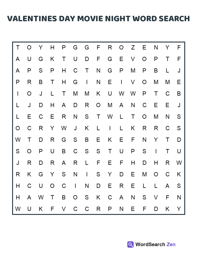 Valentines Day Movie Night Word Search printable puzzle sheet