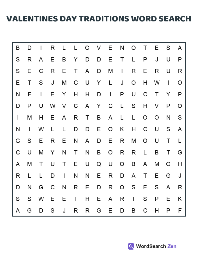 Valentines Day Traditions Word Search printable puzzle sheet