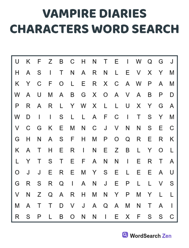 Vampire Diaries Characters Word Search printable puzzle sheet, 15 hidden words