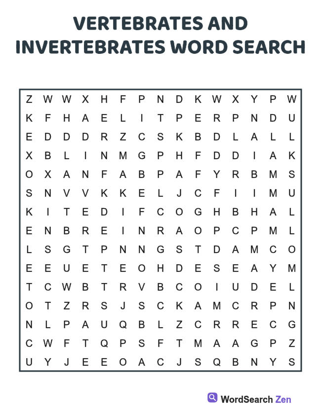 Vertebrates and Invertebrates Word Search printable puzzle sheet, 15 hidden words