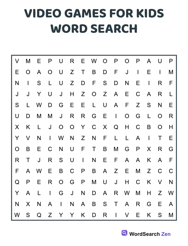 Video Games For Kids Word Search