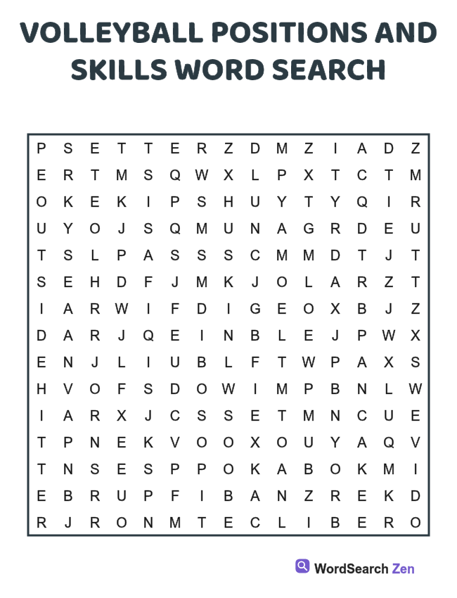 Volleyball Positions and Skills Word Search printable puzzle sheet