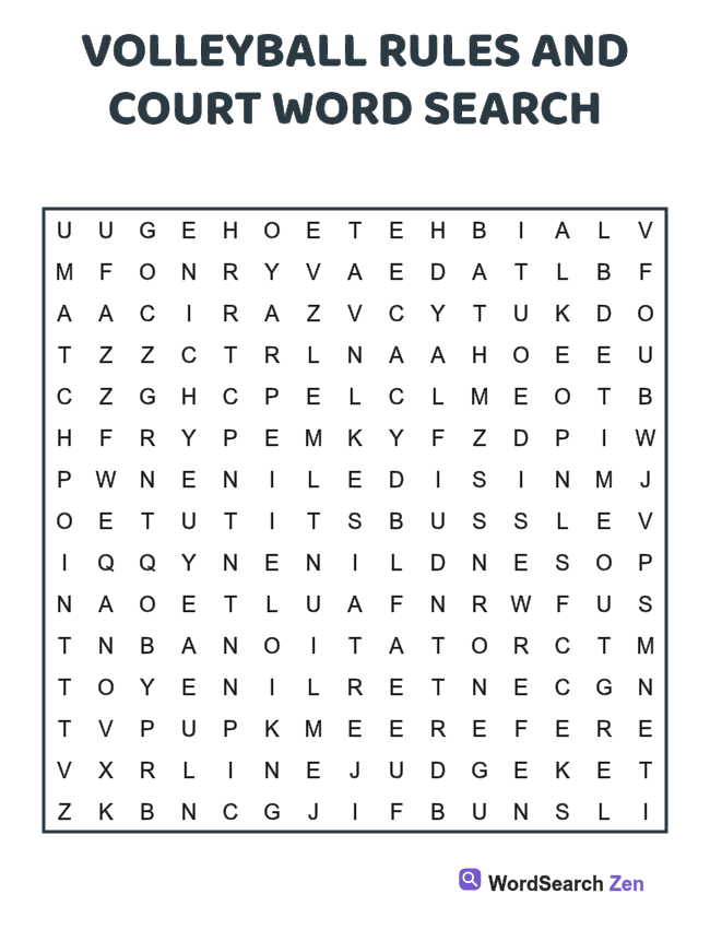 Volleyball Rules and Court Word Search printable puzzle sheet