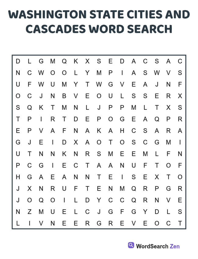 Washington State Cities and Cascades Word Search printable puzzle sheet, 15 hidden words