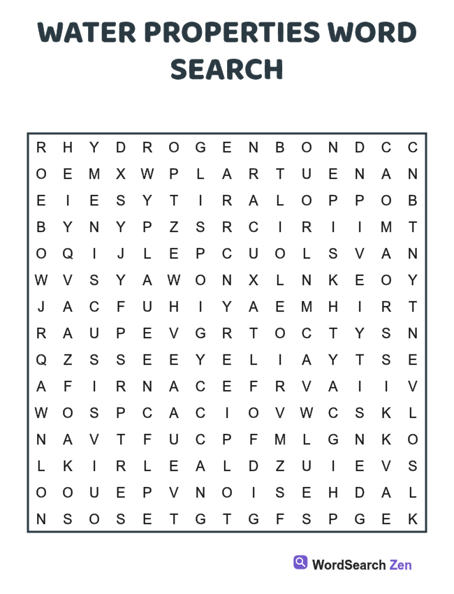 Water Properties Word Search printable puzzle sheet