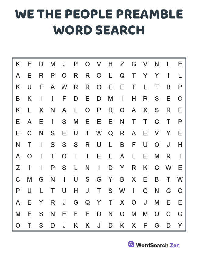 We the People Preamble Word Search printable puzzle sheet