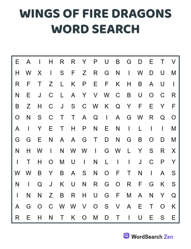 Wings of Fire Dragons Word Search printable puzzle sheet, 15 hidden words