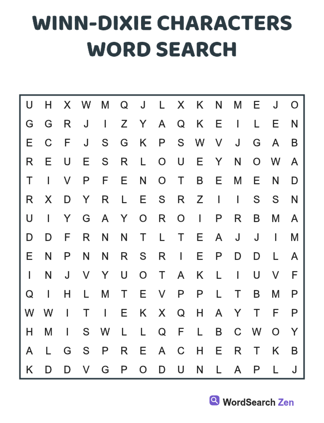 Winn-Dixie Characters Word Search printable puzzle sheet, 15 hidden words
