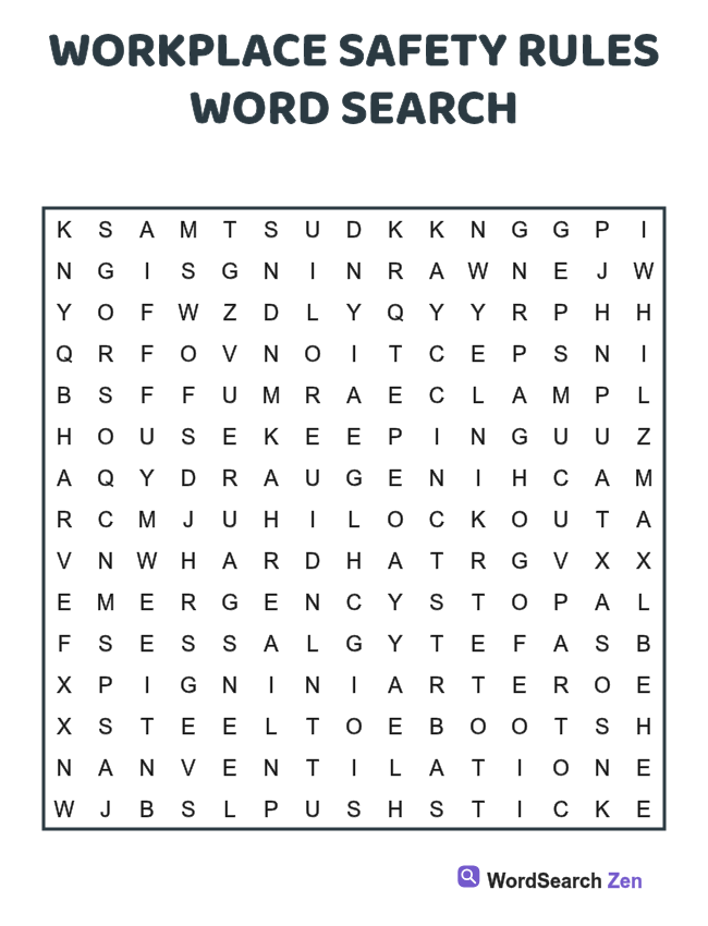 Workplace Safety Rules Word Search printable puzzle sheet