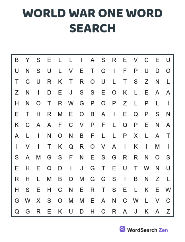 World War One Word Search printable puzzle sheet, 15 hidden words