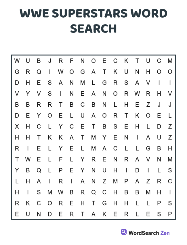 WWE Superstars Word Search printable puzzle sheet, 15 hidden words