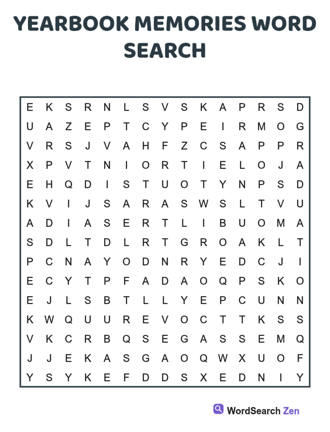 Yearbook Memories Word Search printable puzzle sheet, 15 hidden words