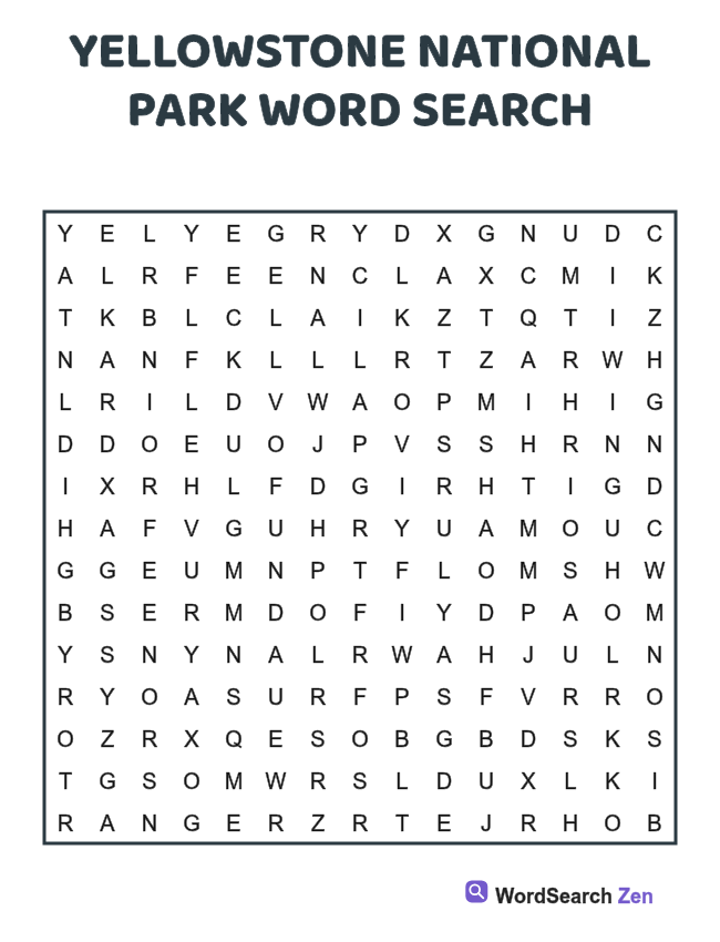 Yellowstone National Park Word Search printable puzzle sheet, 15 hidden words