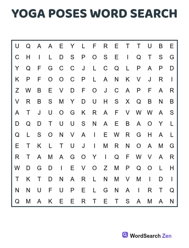 Yoga Poses Word Search printable puzzle sheet, 15 hidden words