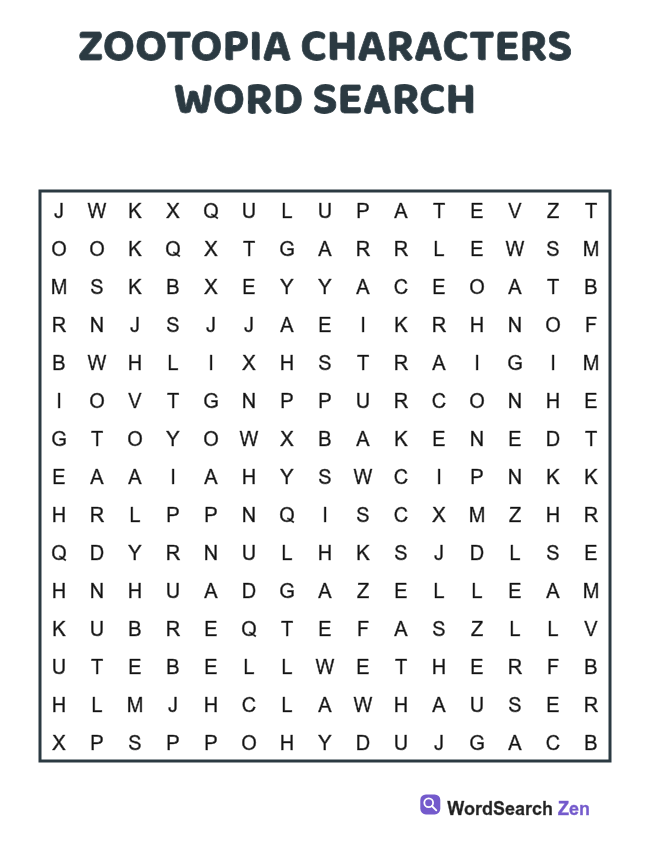 Zootopia Characters Word Search printable puzzle sheet, 15 hidden words